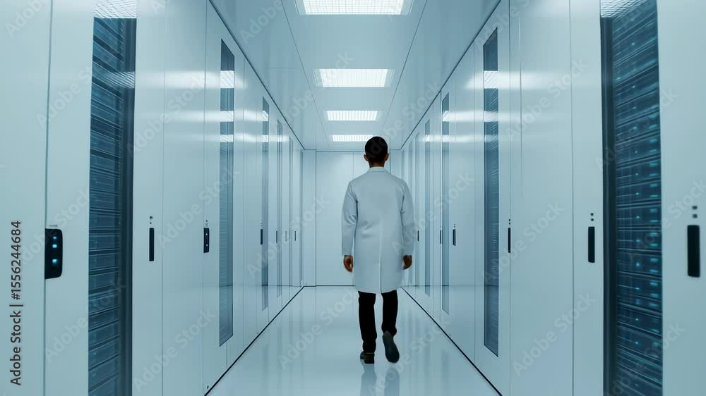 Technician Inspecting Modern Data Center Corridor Technician Inspecting Modern Data Center Corridor