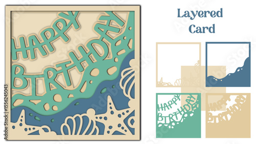 Happy Birthday card with beach and ocean waves, Layered svg design for cutting machine