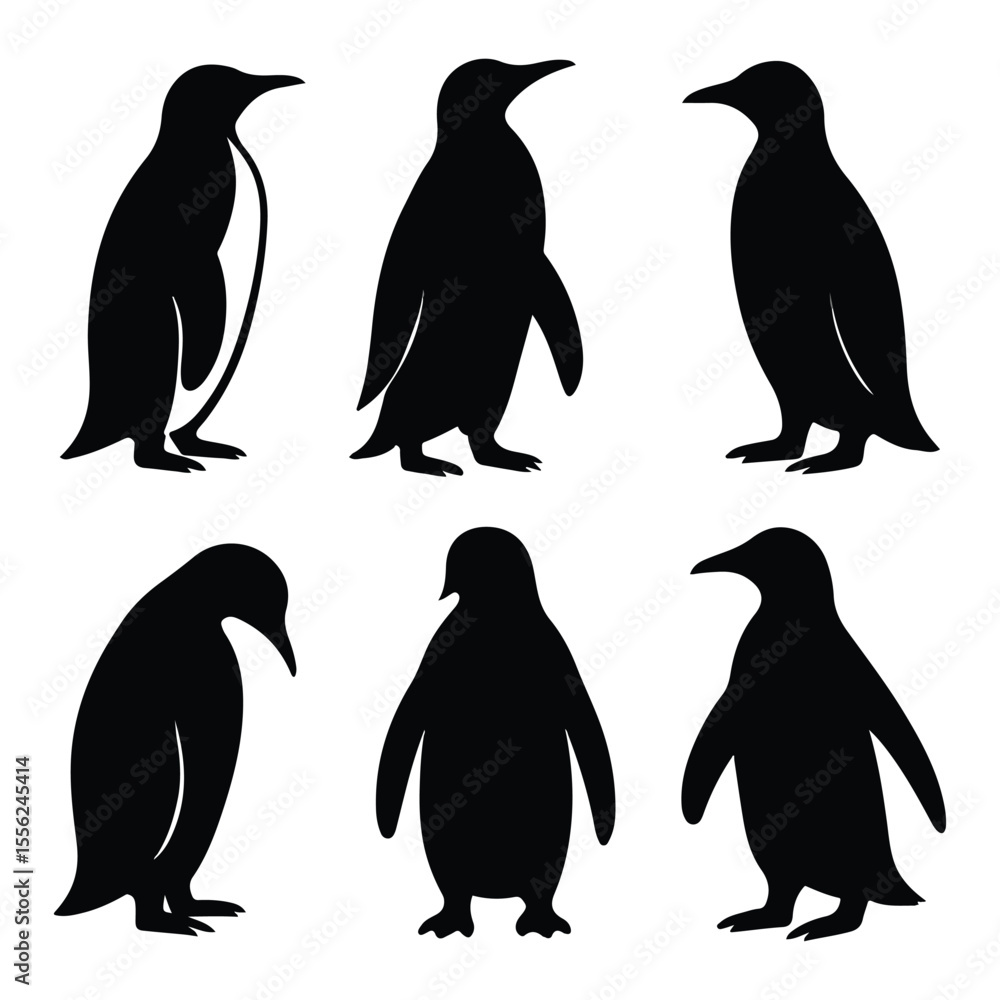 Fototapeta premium Silhouetted Penguins in Various Poses A Study in Black and White Birdlife Antarctic Fauna