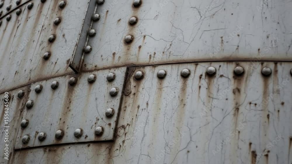 Riveted Metal Structure: Close-Up of Weathered Industrial Tank with Rust and Cracks Riveted Metal Structure: Close-Up of Weathered Industrial Tank with Rust and Cracks