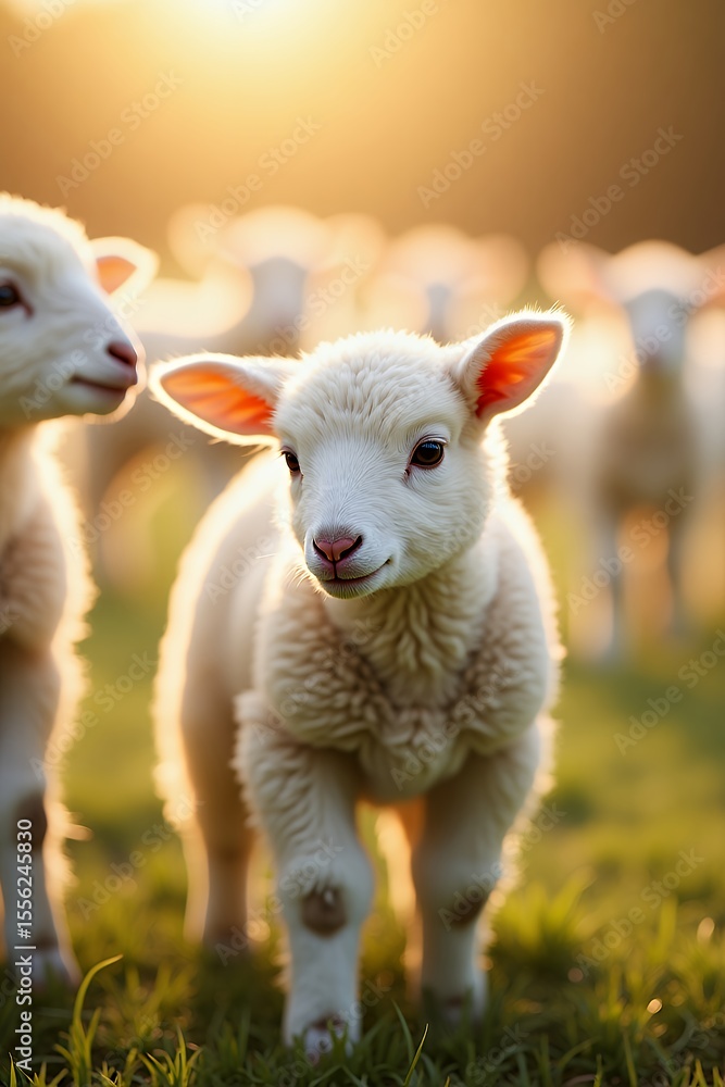 Adorable Fluffy Lamb in Golden Sunset Meadow Spring Farm Animals Cute Sheep Adorable Fluffy Lamb in Golden Sunset Meadow Spring Farm Animals Cute Sheep