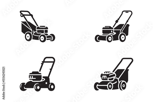 Set of lawn mower silhouette on white background.
