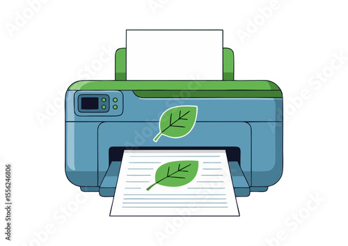 Eco printer featuring leaf icon on printed paper, symbolizing sustainable office equipment
