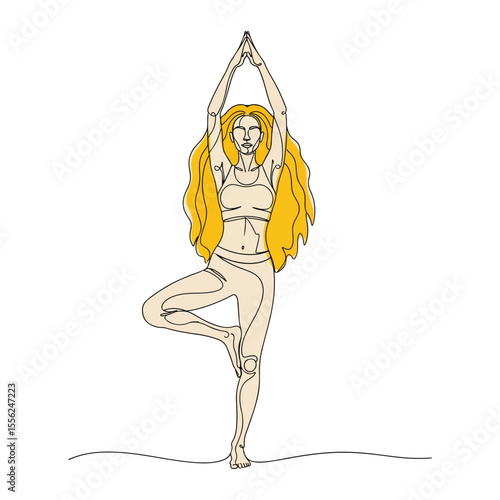 Woman in yoga tree pose with flowing blonde hair vrikshasana
