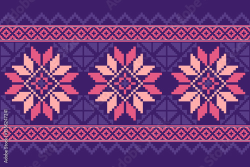 Cross stitch pattern concept showcasing traditional ethnic geometric pattern, Design for textile, background,carpet,wallpaper,clothing,wrapping,Batik,fabric,Vector illustration	
