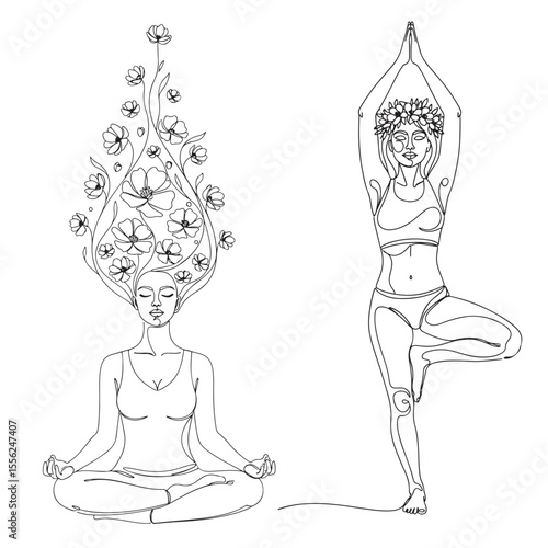 Woman meditating with flowers and woman in yoga tree pose