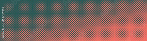 Checkered halftone pattern faded tilted gradient ultra wide 32:9 aspect ratio orange green vector abstract background. Chequered half tone panoramic ultrawide format cool attitude graphic abstraction