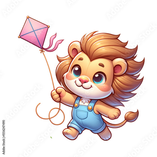 Cute Lion Cub with Kite: An adorable cartoon lion cub, wearing overalls, joyfully holds a pink kite, symbolizing childhood innocence and carefree fun.