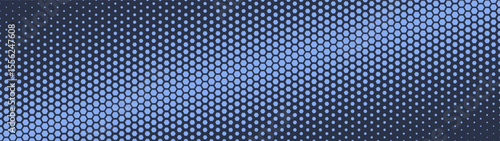 Hexagonal grid halftone pattern tilted gradient border ultra wide 32:9 aspect ratio dark blue vector abstract background. Hexagon half tone panoramic ultrawide format futuristic technology abstraction