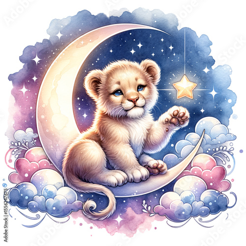 Cuteness in the Cosmos: A charming lion cub perches serenely on a crescent moon, reaching for a twinkling star amidst a dreamy watercolor sky, showcasing tranquility and wonder.