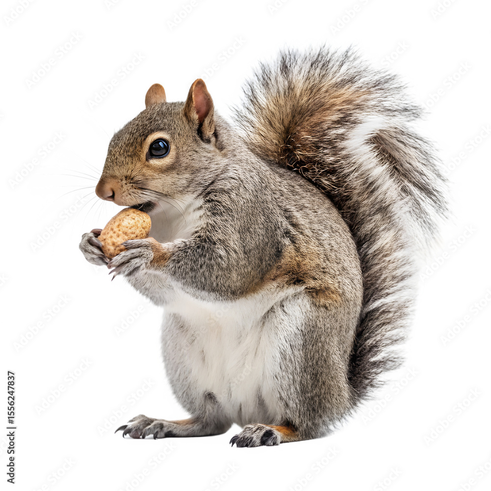 Obraz premium Closeup of an adorable grey squirrel isolated on white background, enjoying a nut