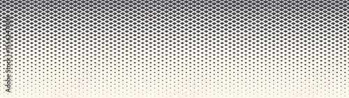 Rhombus grid halftone pattern faded gradient ultra wide 32:9 aspect ratio vector abstract background. Half tone graphic texture panoramic ultrawide format retro futuristic technology neat abstraction