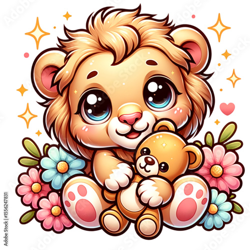 Playful Lion Cub: A charming and adorable lion cub with big, sparkling eyes cuddles a teddy bear among colorful flowers, radiating warmth and affection.