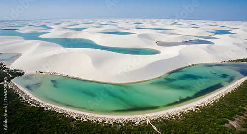 Fototapeta Naklejka Na Ścianę i Meble -  Coastal dunes and turquoise sea in the Lençóis Maranhenses, with soft curves of white sand and lagoon pools under a blue sky — northeast Brazil nature scene