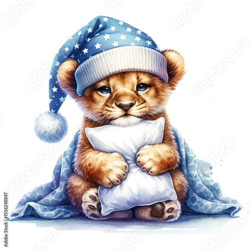 Cozy Cub's Slumber: A precious lion cub, snuggled beneath a soft blanket and wearing a starry nightcap, clutches a fluffy pillow, evoking a sense of comfort and peaceful sleep.