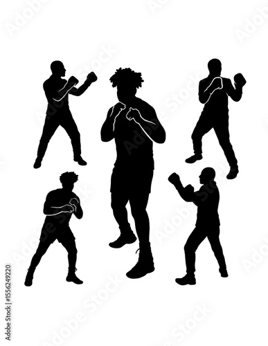 Male boxing sport training pose, jab, hook, silhouette