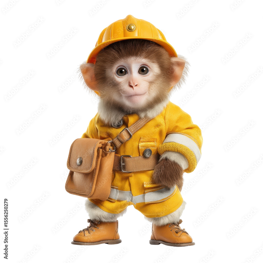 Playful Monkey Dressed as a Construction Worker with Safety Gear in a Bright Yellow Suit and Hard Hat Transparent background or png Playful Monkey Dressed as a Construction Worker with Safety Gear in a Bright Yellow Suit and Hard Hat Transparent background or png