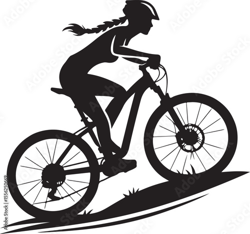  Silhouette of a cyclist riding uphill against a scenic background resembling a sunrise or sunset. Perfect to symbolize adventure, fitness, and the love of outdoor sports