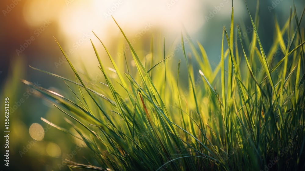 Green fresh grass at sunset with sun flare and bokeh background. Nature concept for spring or summer time. Green fresh grass at sunset with sun flare and bokeh background. Nature concept for spring or summer time.