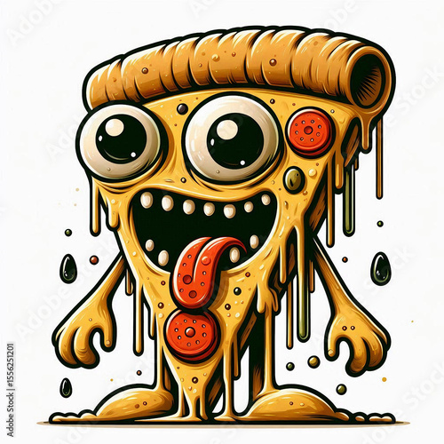 Vector illustration of gooey pizza slice with monster features on an isolated white background