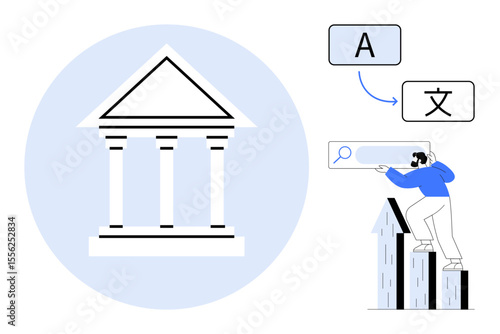 Library building icon with individual standing on books exploring language options. Ideal for education, translation, research, culture, learning, language tools, accessibility. Simple flat metaphor