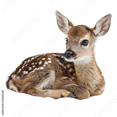 An adorable fawn lies down in the grass, its spotted coat visible, isolated on transparent background
