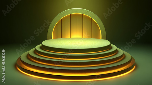 Illuminated Multi-Layer Stage with Warm Ambient Lighting in a Dark Setting
