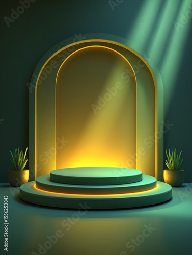 Illuminated Multi-Layer Stage with Warm Ambient Lighting in a Dark Setting
