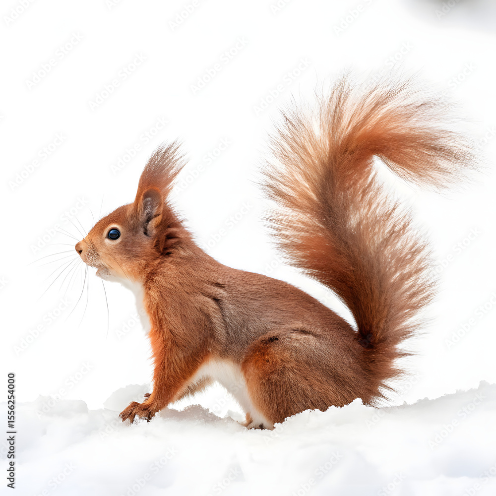 Obraz premium A fluffy red squirrel sits alertly in the snow, isolated on transparent background