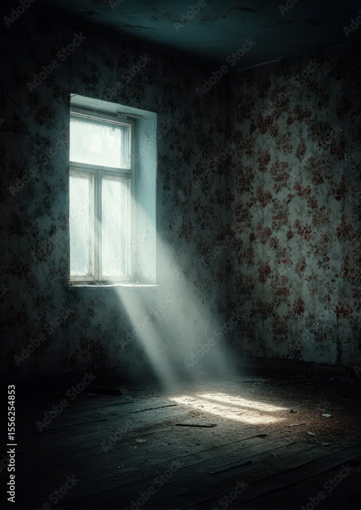 Obraz premium Sunlight streams through window illuminating dusty interior of abandoned antique space with worn
