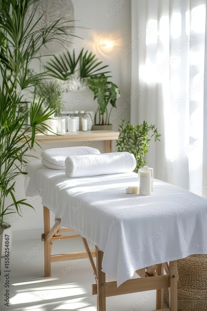 Fototapeta premium Beautiful spa elements on the massage table in the wellness center. Massage on light wooden background. blur living room, natural creams and moisturizing Healthy lifestyle