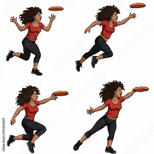 Isolated illustrations. An athletic African American woman in a dynamic state playing with a frisbee in various poses on an isolated white background 