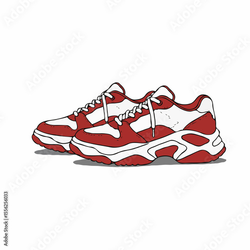 Hand-drawn style illustration in red and white of trendy chunky sneakers for fashion and sport concepts with spaces for text
