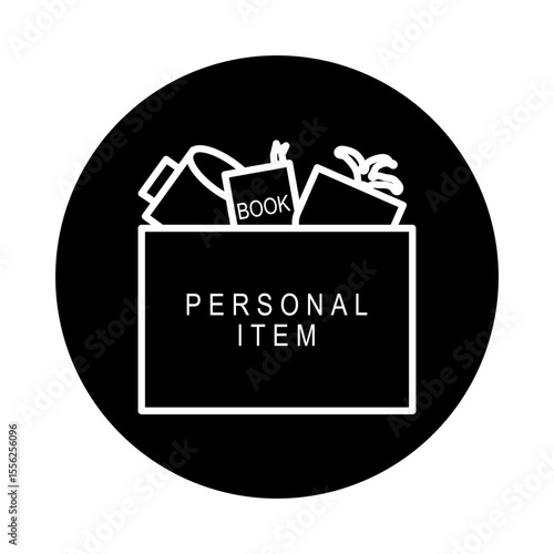 Dark circle box icon for personal items after layoff. Useful for HR, termination, resignation and unemployment topics.
