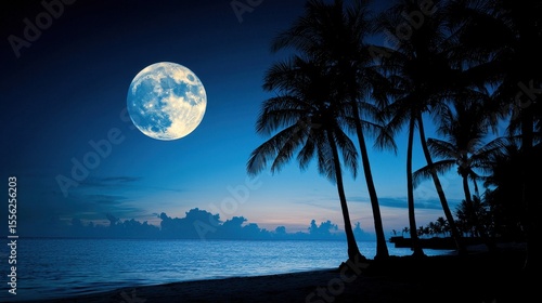 Serene Night Sky with Full Moon Over Tranquil Ocean and Silhouetted Palm Trees