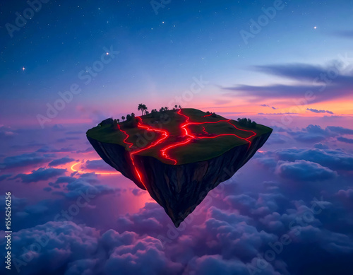 A floating island with glowing red lava cracks hovering in the sky during sunset in a fantasy landscape.