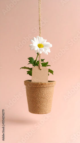 Minimalist floral scene with one flower in a goni pot, small label made from the same material hanging on the side, artistic pastel backdrop
