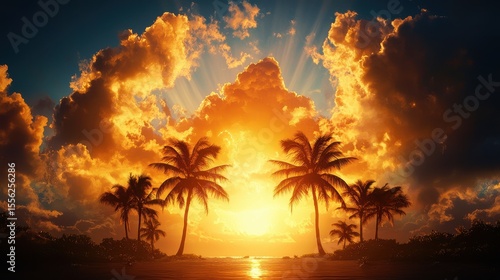 Breathtaking Sunset Over Tropical Beach with Silhouetted Palm Trees