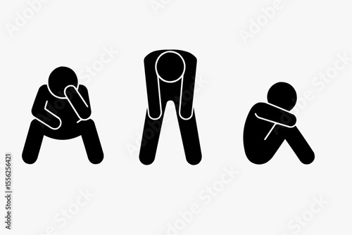 man tired, resting people sitting, icon set, stick figure human silhouette, isolated vector illustration