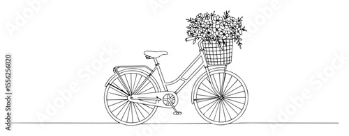 bicycle with flower basket outline minimal vector