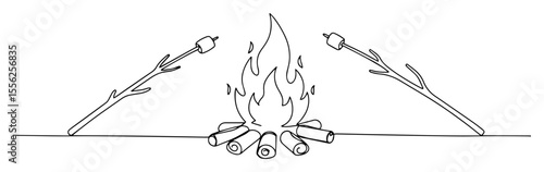 bonfire with marshmallows outline minimal vector