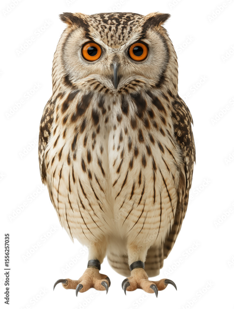 Naklejka premium Majestic Owl with Striking Orange Eyes and Intricate Feather Patterns, Perfectly Positioned for a Stunning Portrait, Isolated on Transparent and White Background