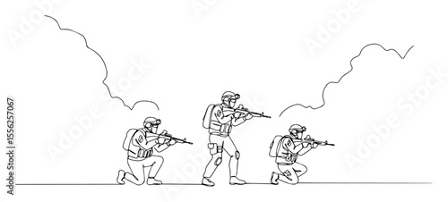 soldiers crouching and aiming in action outline vector