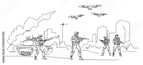 urban warfare with drones and tank outline vector