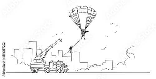 paratrooper descending over city outline vector illustration