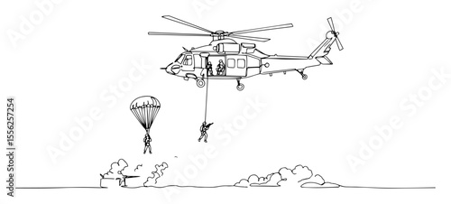 helicopter drop with parachute and rappel soldiers vector