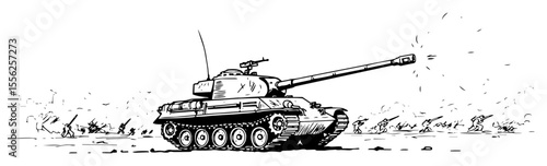 tank driving through battlefield outline vector illustration