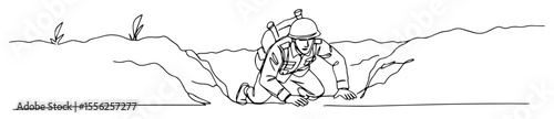 soldier entering trench outline minimal vector