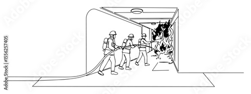 firefighters extinguishing blaze inside structure outline vector