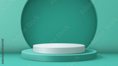 Minimalist Green Display Podium with Tropical Leaves in Natural Lighting
